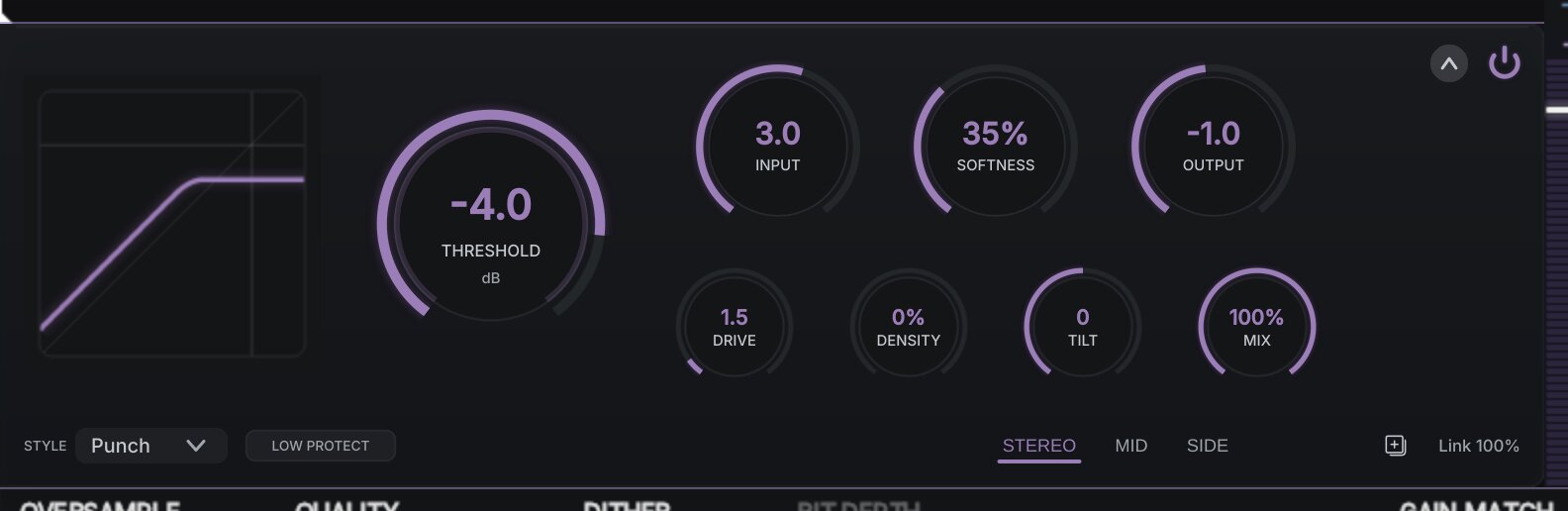 Clip Joint's docked clip bar, showing the transfer curve, the hero Threshold knob, and the Input, Softness, Output, Drive, Density, Tilt, and Mix knobs