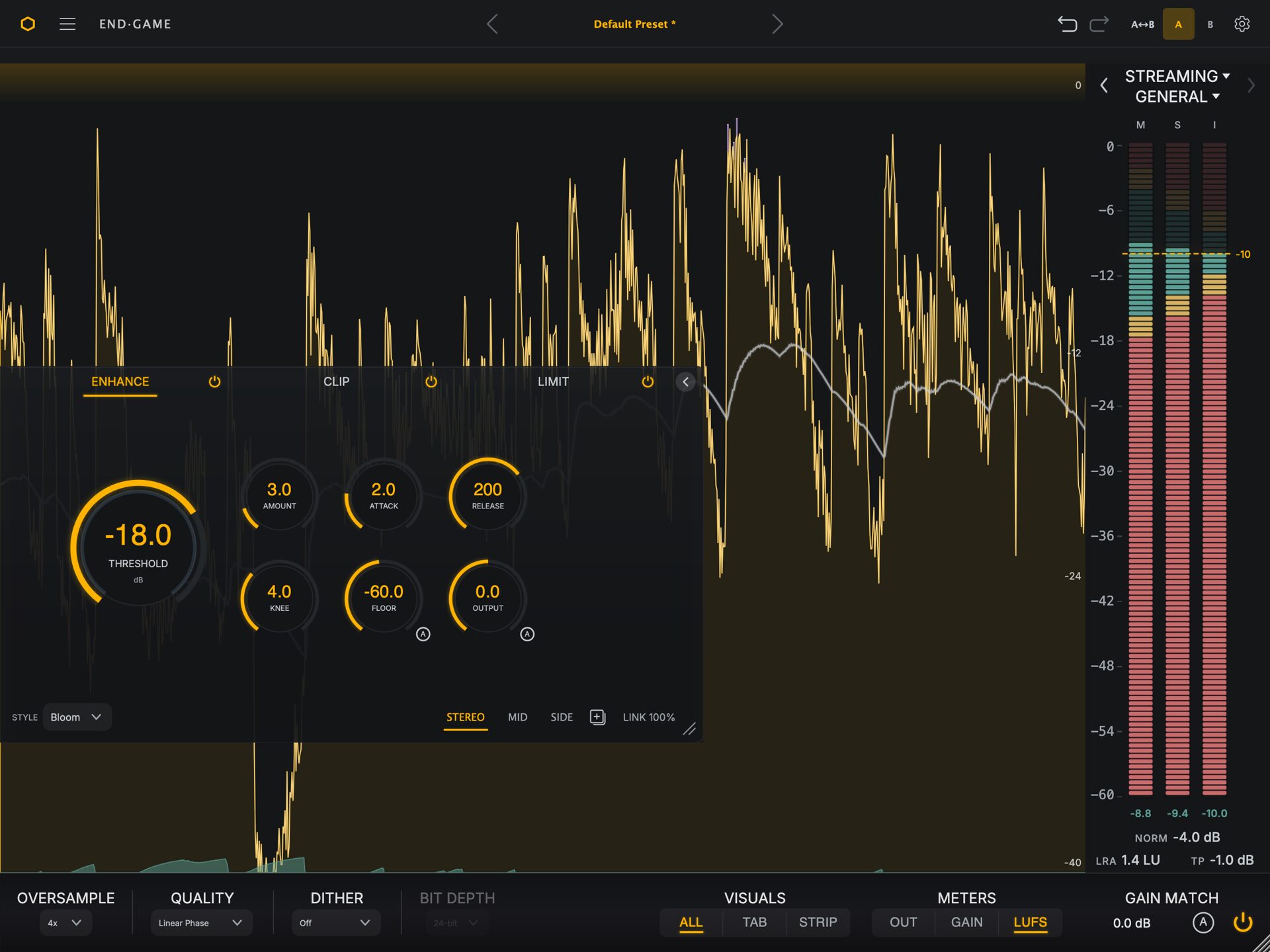 End Game plugin interface in ALL view, with output, gain reduction, and LUFS meters