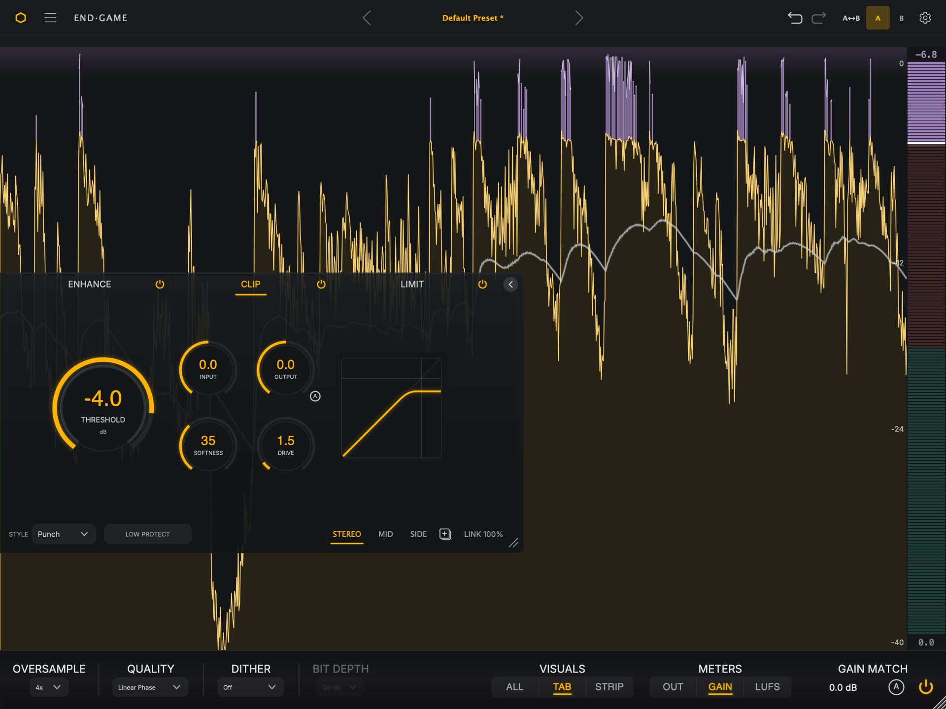 End Game Clip stage using the Loudness voicing, with warm, even-harmonic Drive engaged
