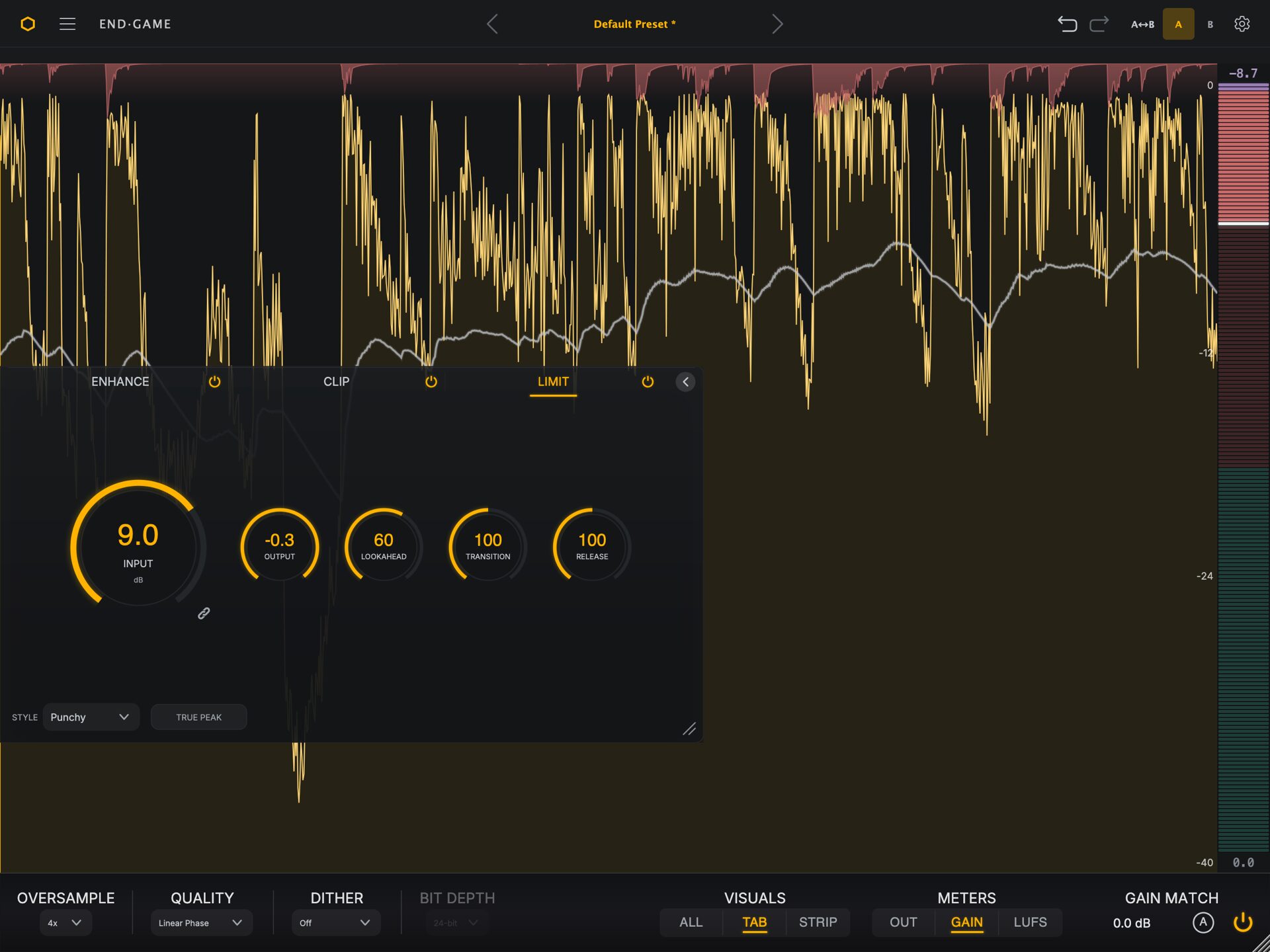 End Game Limit stage using the Aggressive voicing, with True Peak engaged