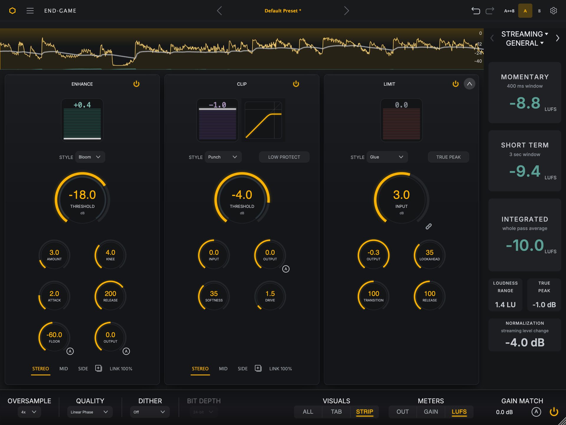 End Game in STRIP mode, a channel-strip layout with all parameters visible